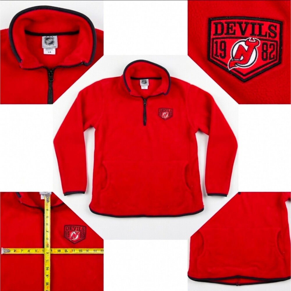Vtg New Jersey Devils NHL Red Fleece 1/4 Zip Pullover Jacket Men Large 1982 Logo